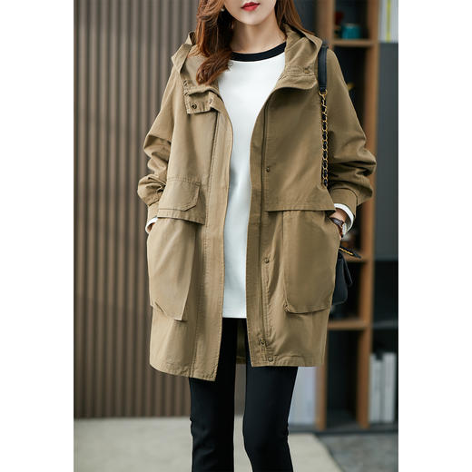 84973原形派克风衣女中长款2024春季新款韩版宽松时尚显瘦复古连帽外套 商品图3