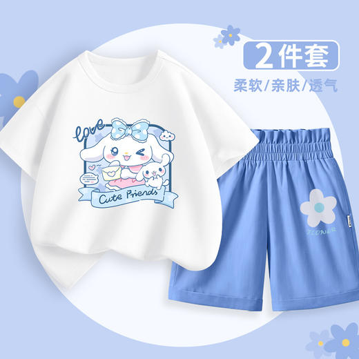 女童夏季套装2024新款纯棉短袖花苞腰短裤女孩时尚t恤宽松五分裤 商品图3