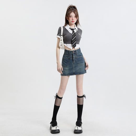 LR分割口袋设计感高腰A字牛仔裙 商品图0