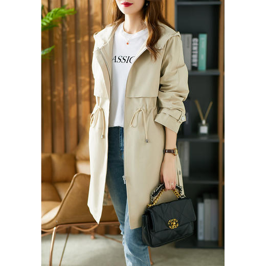 68599原形中长款连帽风衣女2024春季新款韩版收腰显瘦设计感小众外套 商品图3