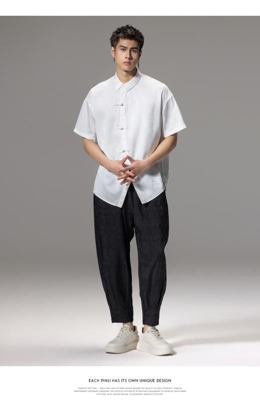 PINLI品立夏季新款新中式盘扣短袖衬衫男提花宽松中国风衬衣B242113084 商品图4