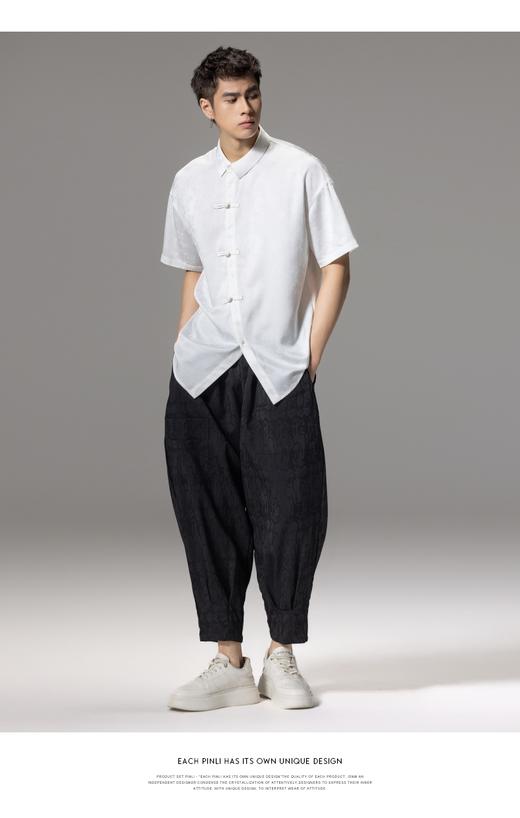 PINLI品立夏季新款新中式盘扣短袖衬衫男提花宽松中国风衬衣B242113084 商品图5