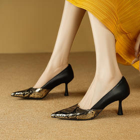 【预售7天】法式金色尖头细跟高跟鞋，拼色蛇皮纹牛皮气质单鞋XKDY（QS）&9111