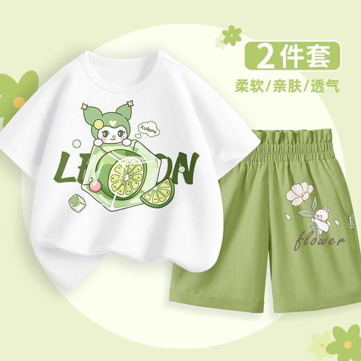 女童夏季套装2024新款纯棉短袖花苞腰短裤女孩时尚t恤宽松五分裤 商品图0