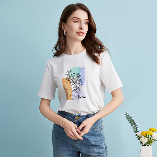 EITIE爱特爱简约百搭显瘦直筒柔软纯棉印花T恤上衣夏季新款B2402304 商品图7