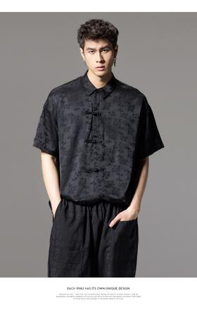 PINLI品立夏季新款新中式盘扣短袖衬衫男提花宽松中国风衬衣B242113084
