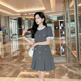 [奢姿轻奢系列]气质压褶连衣裙大码女装夏季新款胖妹妹拼接裙子8942890089【1】