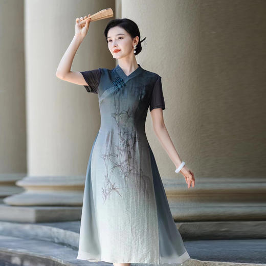 PG802斯尔丽24新款改良渐变水墨画国风插片网布袖高腰节放摆连衣裙 商品图0