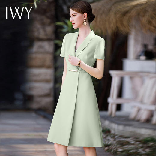 IWY/绿色短袖西装连衣裙女夏季新款职业套装ol高端品牌裙子Q926-G 商品图3