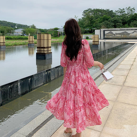 奢姿大码女装2024夏季减龄印花裙子胖妹妹雪纺V领七分袖连衣裙9942860156/ 商品图3