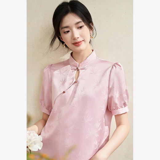 新中式国风立领提花衬衫女夏季浪漫古韵珠扣装饰衬衣V1541339 商品图3