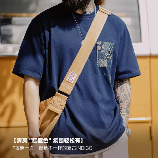 工装优选 植物蓝染古布拼接口袋T恤美式复古indigo纯棉上衣男夏季 商品图3