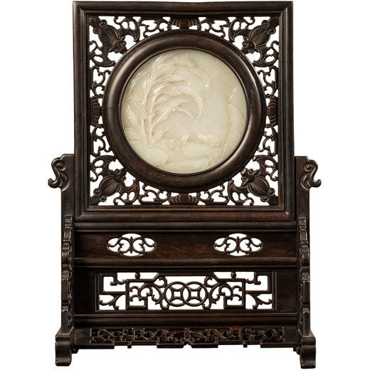 二十世纪 红木嵌玉雕花鸟纹插屏 商品图5