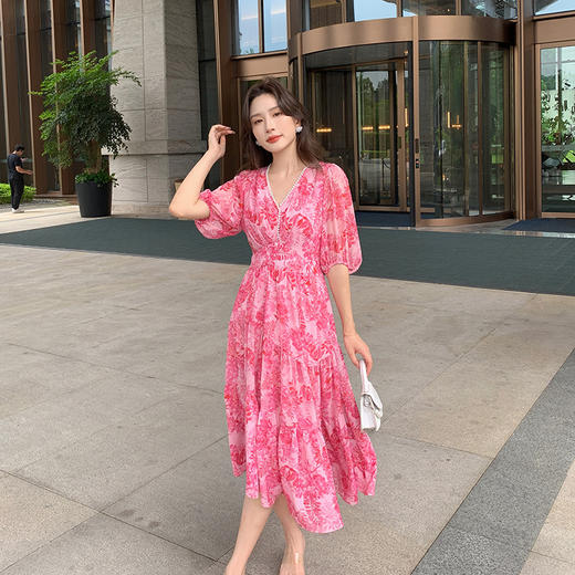 奢姿大码女装2024夏季减龄印花裙子胖妹妹雪纺V领七分袖连衣裙9942860156/ 商品图2