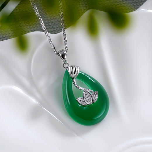 子佩集S925银玉髓夏荷清风套链【DZ014203】纯银绿玉髓项链水滴荷花2406 商品图2