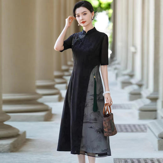 PG801斯尔丽24新款改良旗袍夏季新款薄透朦胧水墨画收腰散摆显高连衣裙 商品图2