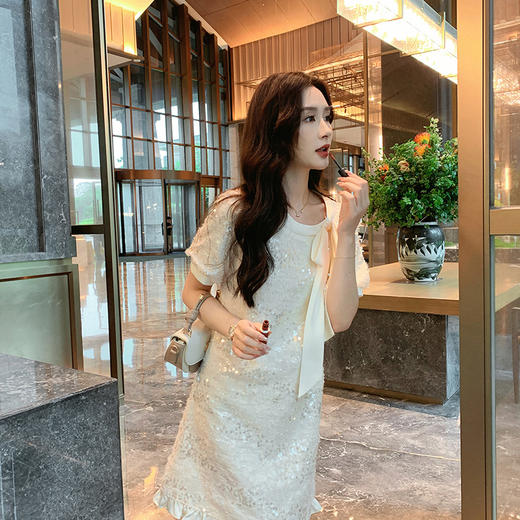 [奢姿轻奢系列]大码女装2025夏季亮片减龄连衣裙胖妹妹蝴蝶结裙子8942890085 商品图4