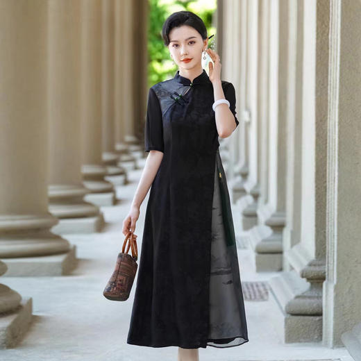 PG801斯尔丽24新款改良旗袍夏季新款薄透朦胧水墨画收腰散摆显高连衣裙 商品图0