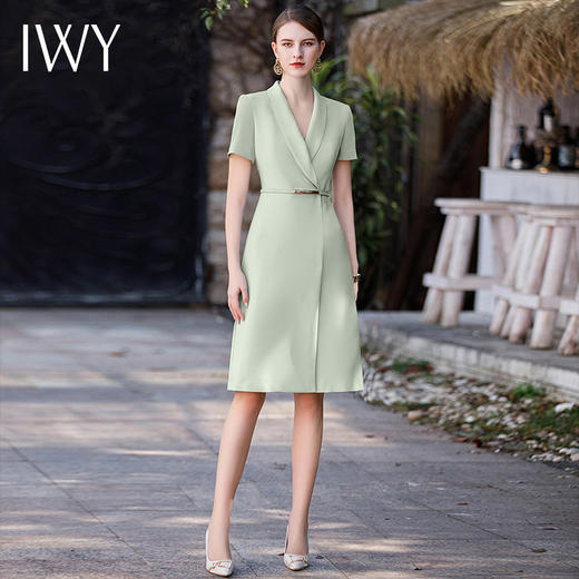 IWY/绿色短袖西装连衣裙女夏季新款职业套装ol高端品牌裙子Q926-G 商品图0