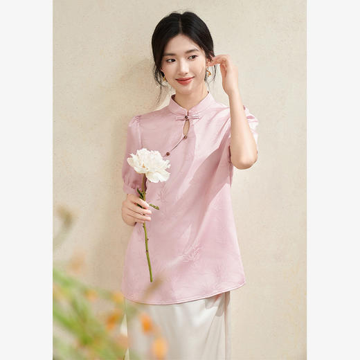 新中式国风立领提花衬衫女夏季浪漫古韵珠扣装饰衬衣V1541339 商品图4