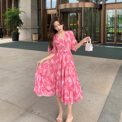 奢姿大码女装2024夏季减龄印花裙子胖妹妹雪纺V领七分袖连衣裙9942860156/ 商品图1