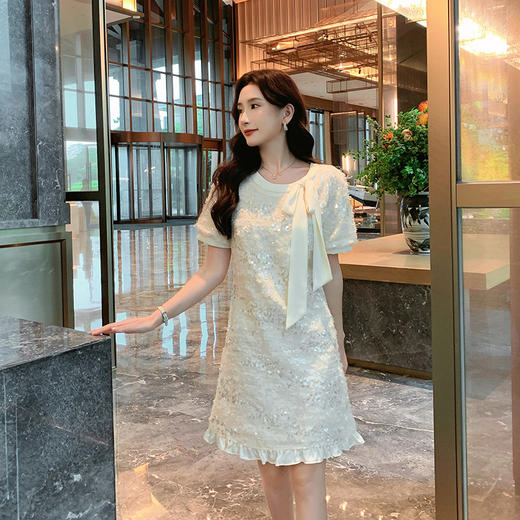 [奢姿轻奢系列]大码女装2025夏季亮片减龄连衣裙胖妹妹蝴蝶结裙子8942890085 商品图2