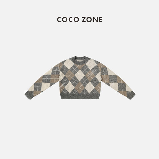 COCO ZONE“法式复古”菱格纹毛针织开衫圆领上衣23C19836 商品图0