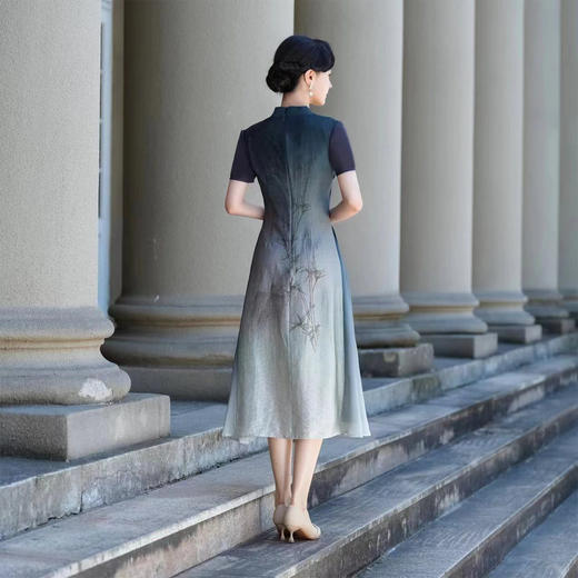 PG802斯尔丽24新款改良渐变水墨画国风插片网布袖高腰节放摆连衣裙 商品图1