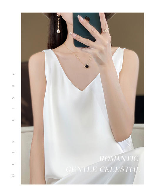 【赫本风无袖V领吊带连衣裙】中长款a字背心内搭裙 仿真丝西装打底裙  商品图5