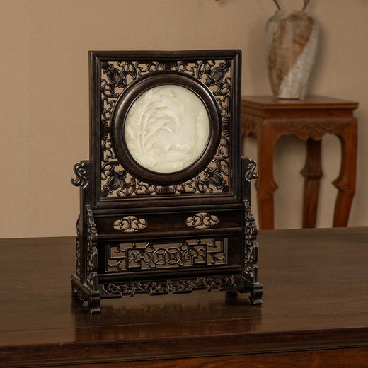 二十世纪 红木嵌玉雕花鸟纹插屏 商品图4