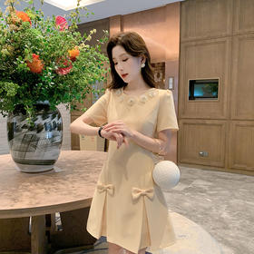 [奢姿轻奢系列]圆领压褶连衣裙大码女装夏季新款胖妹妹蝴蝶结裙子8942890100