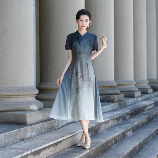 PG802斯尔丽24新款改良渐变水墨画国风插片网布袖高腰节放摆连衣裙 商品图3