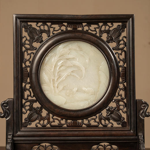 二十世纪 红木嵌玉雕花鸟纹插屏 商品图2