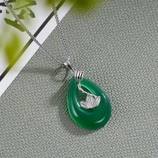 子佩集S925银玉髓夏荷清风套链【DZ014203】纯银绿玉髓项链水滴荷花2406 商品图3