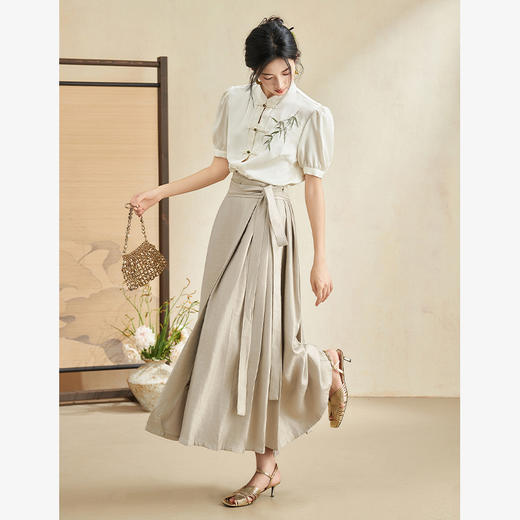 新中式缎面竹叶绣花马面裙新款国风高腰百搭半身裙V0340140 商品图3