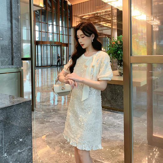 [奢姿轻奢系列]大码女装2025夏季亮片减龄连衣裙胖妹妹蝴蝶结裙子8942890085 商品图0