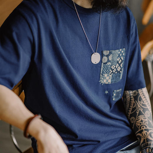 工装优选 植物蓝染古布拼接口袋T恤美式复古indigo纯棉上衣男夏季 商品图0