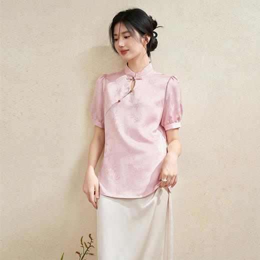 新中式国风立领提花衬衫女夏季浪漫古韵珠扣装饰衬衣V1541339 商品图2