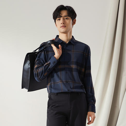 【高端系列】柒牌长袖衬衫男士2024秋冬新款时尚格纹提花针织衬衣127A70130 商品图1