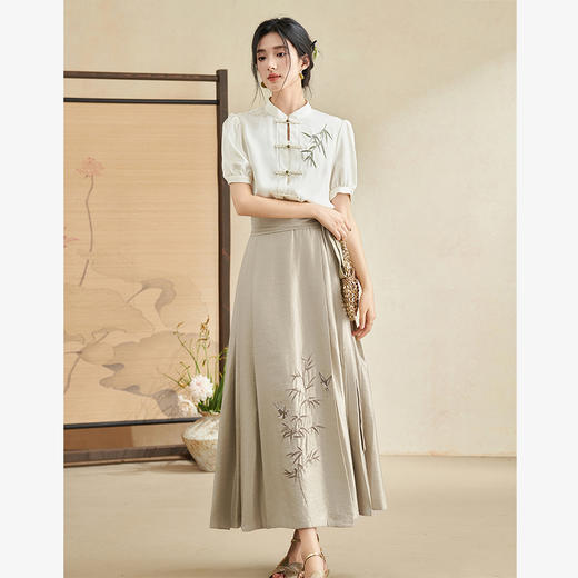 新中式缎面竹叶绣花马面裙新款国风高腰百搭半身裙V0340140 商品图4