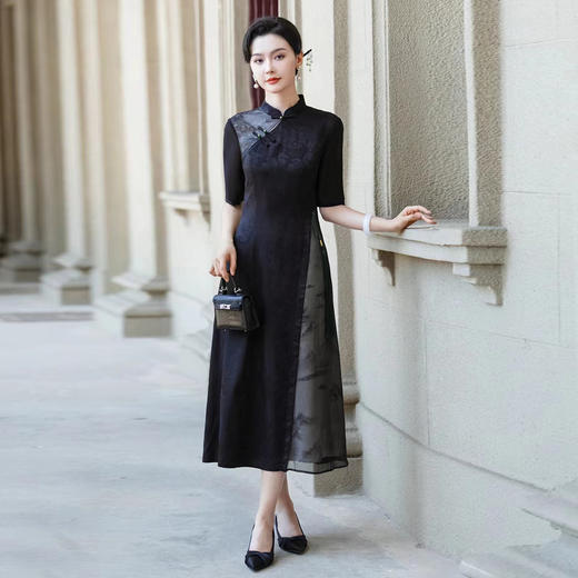 PG801斯尔丽24新款改良旗袍夏季新款薄透朦胧水墨画收腰散摆显高连衣裙 商品图3