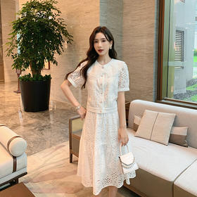 [奢姿轻奢系列]镂空刺绣两件套大码女装夏季新款胖妹妹减龄套装8942910018