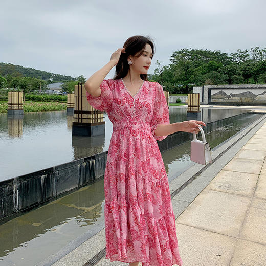 奢姿大码女装2024夏季减龄印花裙子胖妹妹雪纺V领七分袖连衣裙9942860156/ 商品图4