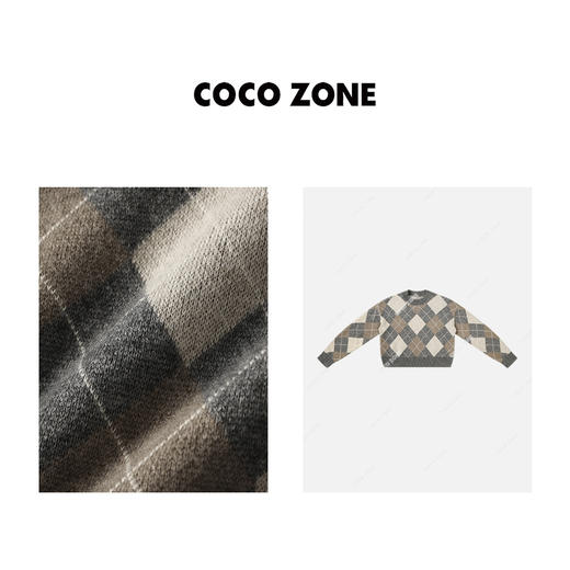 COCO ZONE“法式复古”菱格纹毛针织开衫圆领上衣23C19836 商品图2