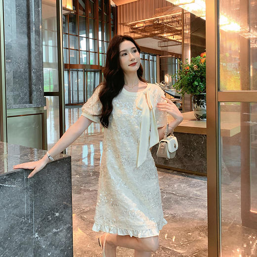 [奢姿轻奢系列]大码女装2025夏季亮片减龄连衣裙胖妹妹蝴蝶结裙子8942890085 商品图1