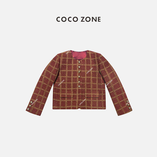 COCO ZONE法式红色格子小香风外套复古气质圆领短款上衣23C30830 商品图0