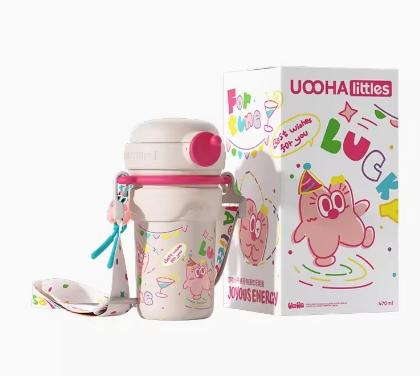 uooha一键双饮陶瓷保温杯海伦派对-白粉-450m1 商品图0