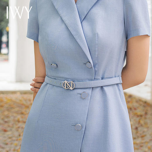 IWY/时尚蓝色职业连衣裙女不规则双排扣通勤主持人上镜装名媛面试正装Q14256 商品图4