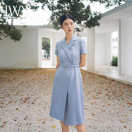 IWY/时尚蓝色职业连衣裙女不规则双排扣通勤主持人上镜装名媛面试正装Q14256 商品图2