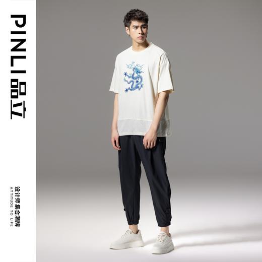 PINLI品立夏季新款龙形刺绣短袖T恤中国风拼接提花宽松男上衣B242111133 商品图1